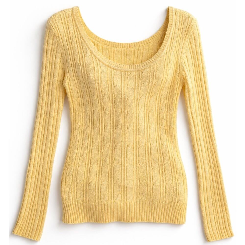 AE Y2K Cable Knit Sweater Butter Yellow Fitted Scoop Neck Preppy Women S